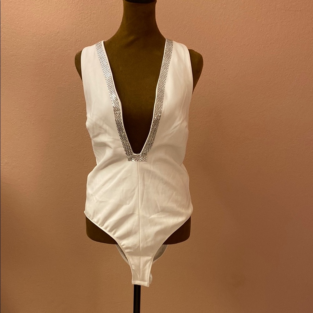 ZARA. White Bodysuit with Silver Accents